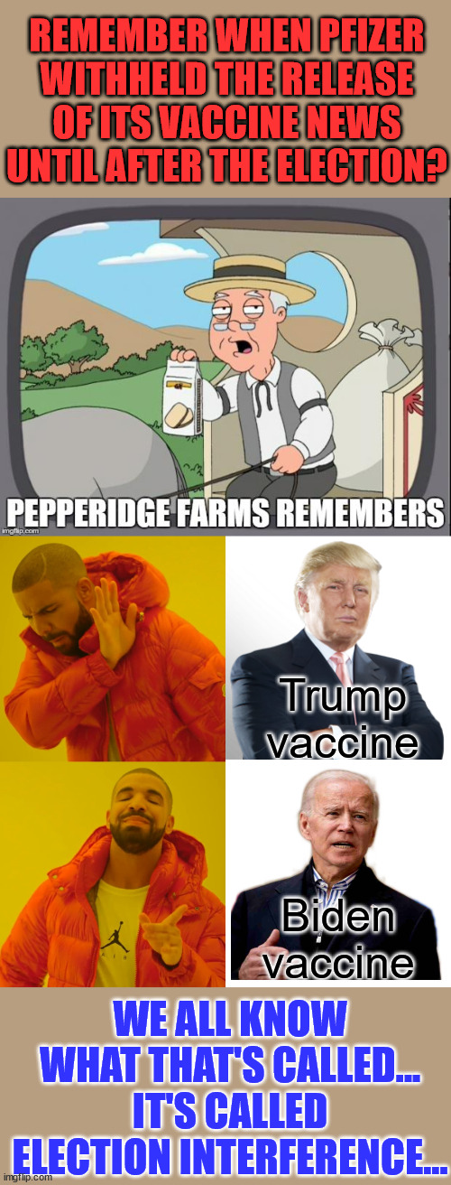 Trump was a threat to their vaccine emergency use declaration ... | REMEMBER WHEN PFIZER WITHHELD THE RELEASE OF ITS VACCINE NEWS UNTIL AFTER THE ELECTION? Trump vaccine; Biden vaccine; WE ALL KNOW WHAT THAT'S CALLED...
IT'S CALLED ELECTION INTERFERENCE... | image tagged in pepperidge farms remembers,memes,drake hotline bling,big pharma,election 2020,manipulation | made w/ Imgflip meme maker