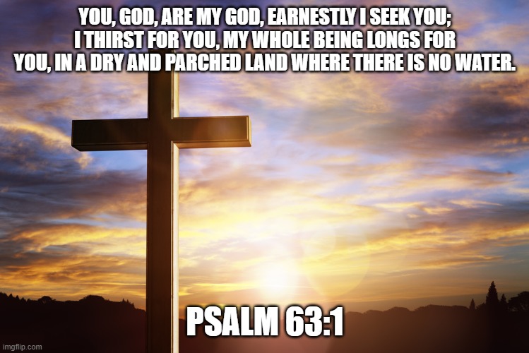 Bible Verse of the Day | YOU, GOD, ARE MY GOD, EARNESTLY I SEEK YOU; I THIRST FOR YOU, MY WHOLE BEING LONGS FOR YOU, IN A DRY AND PARCHED LAND WHERE THERE IS NO WATER. PSALM 63:1 | image tagged in bible verse of the day | made w/ Imgflip meme maker