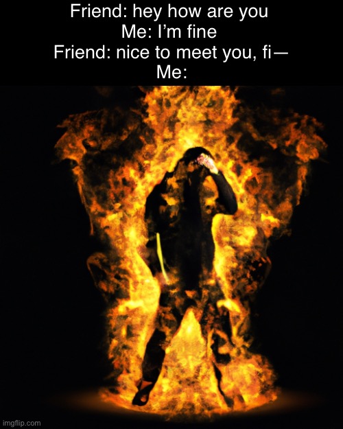 THAT’S NOT MY NAME | Friend: hey how are you 
Me: I’m fine 
Friend: nice to meet you, fi—
Me: | image tagged in burning rage | made w/ Imgflip meme maker