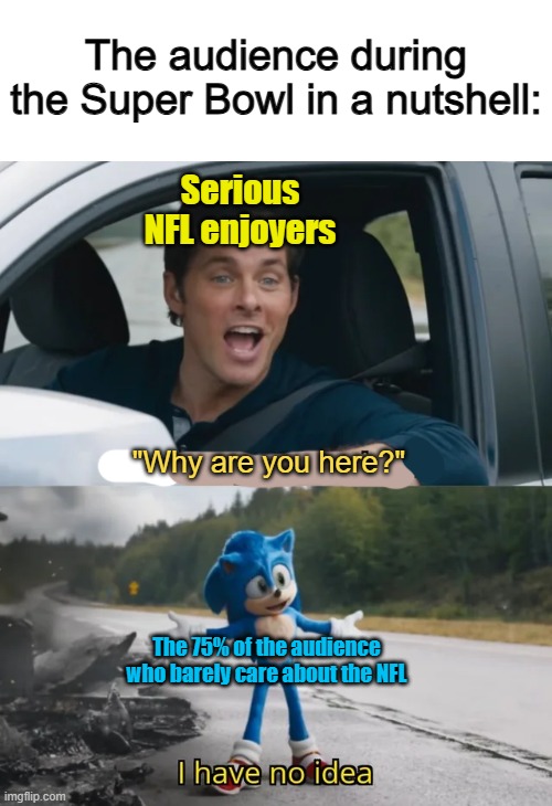 We go for the food ig lol | The audience during the Super Bowl in a nutshell:; Serious NFL enjoyers; "Why are you here?"; The 75% of the audience who barely care about the NFL | image tagged in sonic i have no idea | made w/ Imgflip meme maker