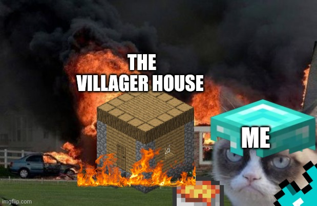 Burn Kitty | THE VILLAGER HOUSE; ME | image tagged in memes,burn kitty,grumpy cat | made w/ Imgflip meme maker