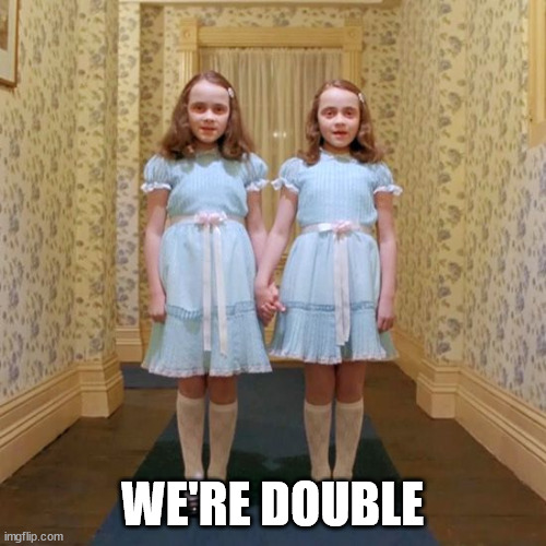 Twins from The Shining | WE'RE DOUBLE | image tagged in twins from the shining | made w/ Imgflip meme maker