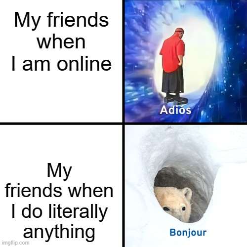 Hey wanna play minecraft it's only 3 am | My friends when I am online; My friends when I do literally anything | image tagged in adios bonjour | made w/ Imgflip meme maker