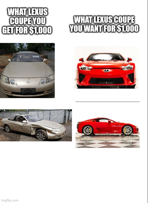 What Lexus you get for $1,000 vs what you would want for $1,000 | WHAT LEXUS COUPE YOU GET FOR $1,000; WHAT LEXUS COUPE YOU WANT FOR $1,000 | image tagged in lexus,money,meme,true | made w/ Imgflip meme maker