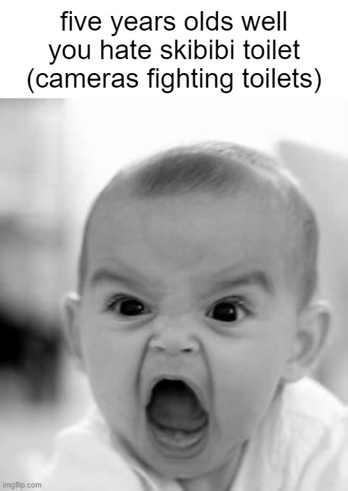 Angry Baby Meme | five years olds well you hate skibibi toilet (cameras fighting toilets) | image tagged in memes,angry baby | made w/ Imgflip meme maker