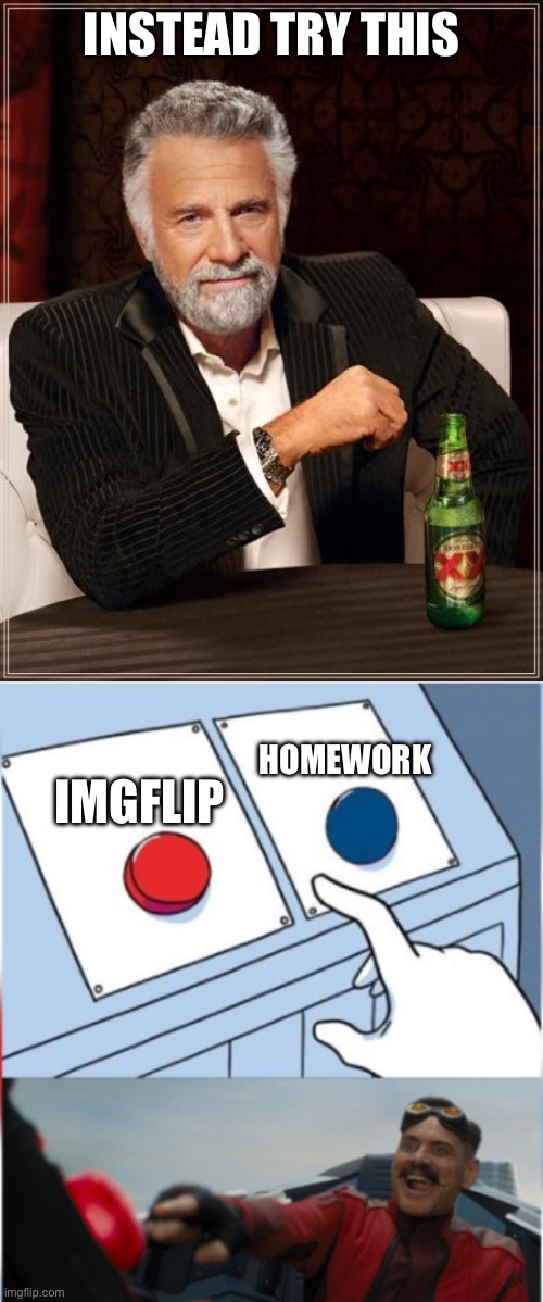 INSTEAD TRY THIS IMGFLIP HOMEWORK | image tagged in memes,the most interesting man in the world,robotnik pressing red button | made w/ Imgflip meme maker