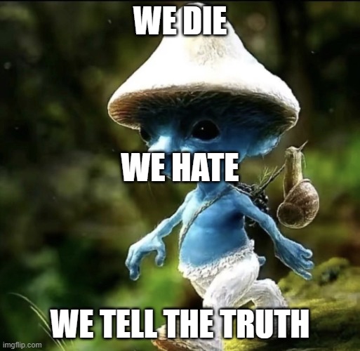 we live we love we lie backwards | WE DIE; WE HATE; WE TELL THE TRUTH | image tagged in blue smurf cat,strange | made w/ Imgflip meme maker