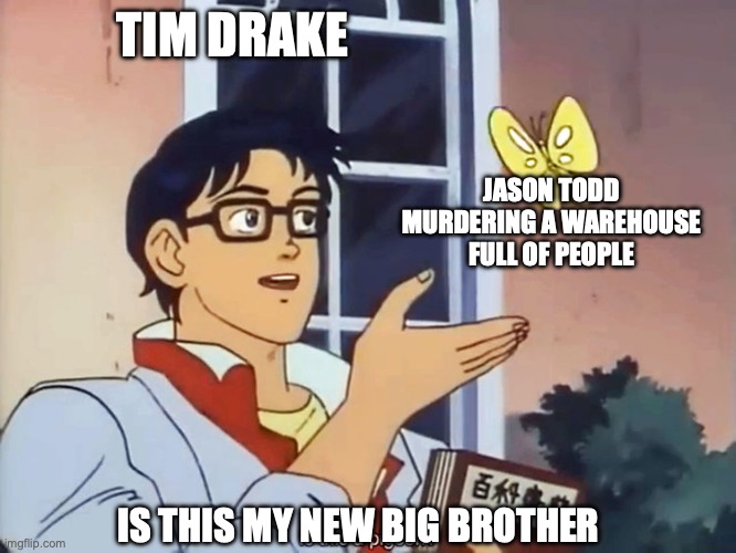 ANIME BUTTERFLY MEME | TIM DRAKE; JASON TODD MURDERING A WAREHOUSE FULL OF PEOPLE; IS THIS MY NEW BIG BROTHER | image tagged in anime butterfly meme | made w/ Imgflip meme maker