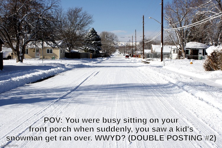 no joke ocs | no kaiju ocs | no bambi ocs | POV: You were busy sitting on your front porch when suddenly, you saw a kid's snowman get ran over. WWYD? (DOUBLE POSTING #2) | image tagged in pov,roleplaying | made w/ Imgflip meme maker