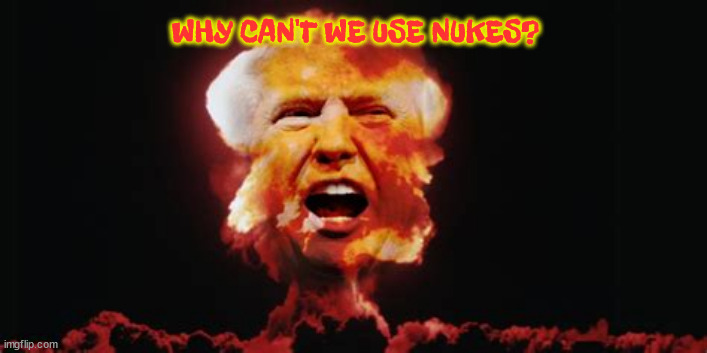 Why can't we use nukes? | WHY CAN'T WE USE NUKES? | image tagged in trump,nukes,maga,savvy genius,idjit,espionage | made w/ Imgflip meme maker