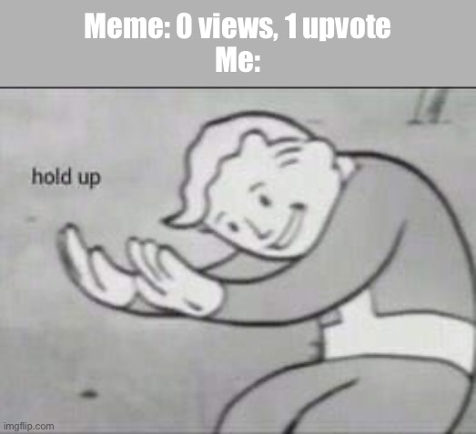 If no views.. than how upvote? | Meme: 0 views, 1 upvote
Me: | image tagged in fallout hold up,memes | made w/ Imgflip meme maker