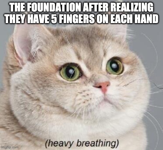 Fifthists! | THE FOUNDATION AFTER REALIZING THEY HAVE 5 FINGERS ON EACH HAND | image tagged in memes,heavy breathing cat,DankMemesFromSite19 | made w/ Imgflip meme maker