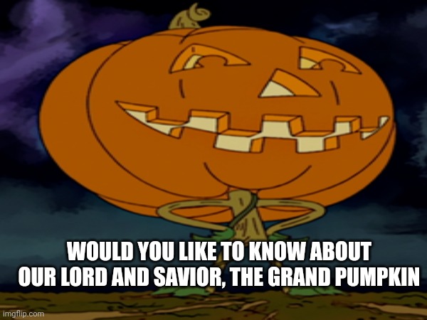 OUR SAVIOR | WOULD YOU LIKE TO KNOW ABOUT OUR LORD AND SAVIOR, THE GRAND PUMPKIN | image tagged in pumpkin | made w/ Imgflip meme maker