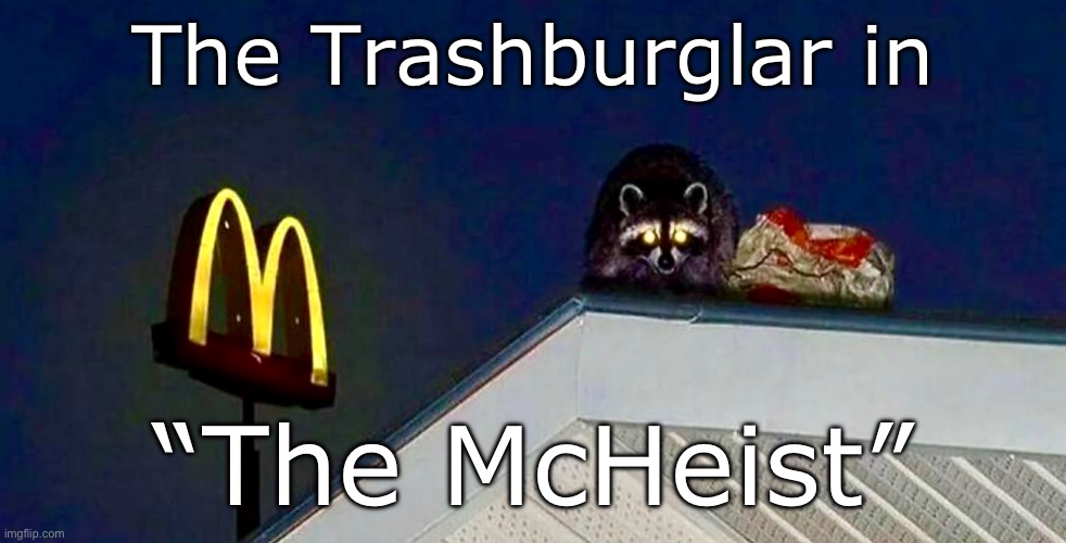 McHeist | The Trashburglar in; “The McHeist” | image tagged in raccoon,mcdonalds,theft,fast food,trash | made w/ Imgflip meme maker