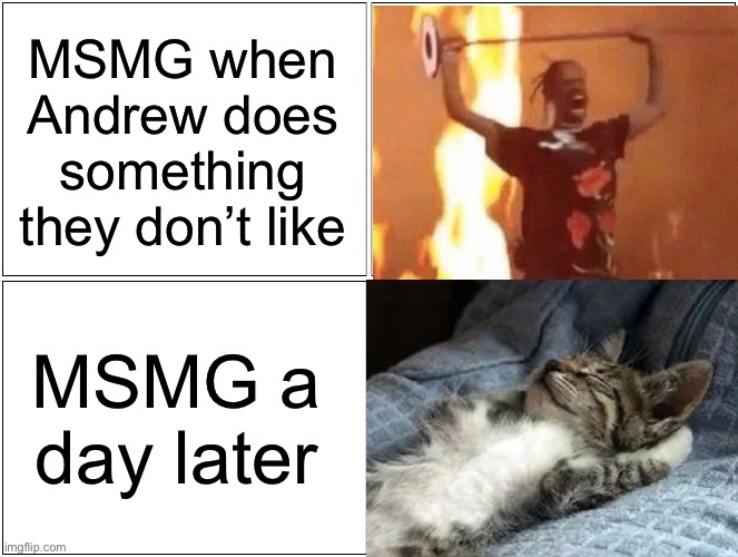 Wow.. I can really see how effective your complaint was. | MSMG when Andrew does something they don’t like; MSMG a day later | image tagged in memes,blank comic panel 2x2 | made w/ Imgflip meme maker