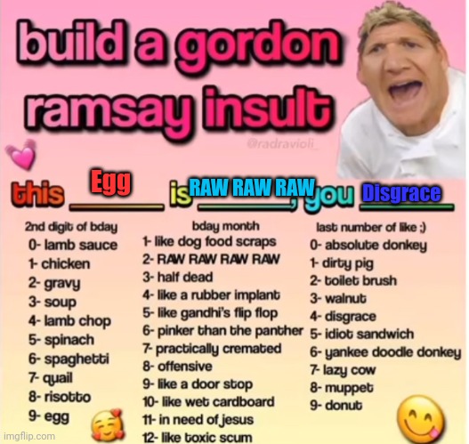 Just bc | Disgrace; RAW RAW RAW; Egg | image tagged in gordon ramsey insult,memes,funny,gordon ramsey | made w/ Imgflip meme maker