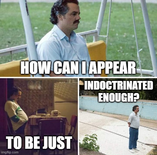Sad Pablo Escobar Meme | HOW CAN I APPEAR TO BE JUST INDOCTRINATED ENOUGH? | image tagged in memes,sad pablo escobar | made w/ Imgflip meme maker