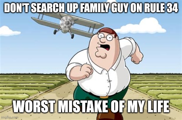 Please don't search up family guy on rule 34 | DON'T SEARCH UP FAMILY GUY ON RULE 34; WORST MISTAKE OF MY LIFE | image tagged in worst mistake of my life | made w/ Imgflip meme maker