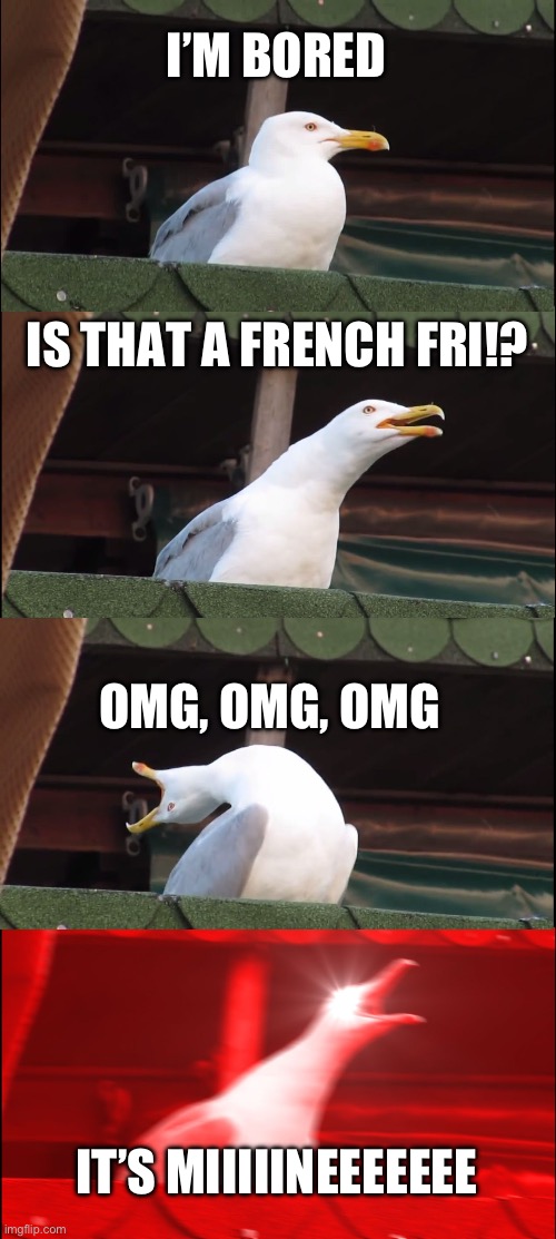 FRENCH FRI! | I’M BORED; IS THAT A FRENCH FRI!? OMG, OMG, OMG; IT’S MIIIIINEEEEEEE | image tagged in memes,inhaling seagull | made w/ Imgflip meme maker
