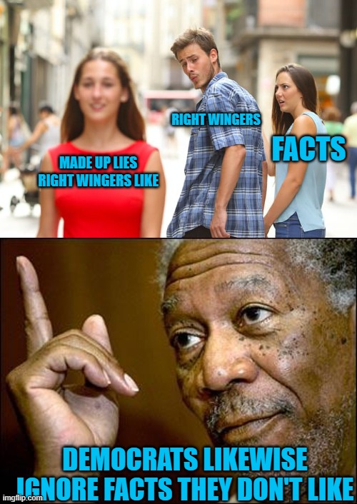 RIGHT WINGERS; FACTS; MADE UP LIES RIGHT WINGERS LIKE; DEMOCRATS LIKEWISE IGNORE FACTS THEY DON'T LIKE | image tagged in memes,distracted boyfriend,this morgan freeman | made w/ Imgflip meme maker