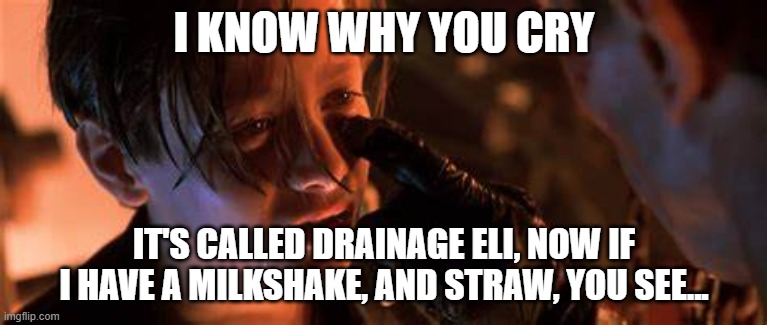 There Will Be Judgement | I KNOW WHY YOU CRY; IT'S CALLED DRAINAGE ELI, NOW IF I HAVE A MILKSHAKE, AND STRAW, YOU SEE... | image tagged in terminator 2,john connor | made w/ Imgflip meme maker