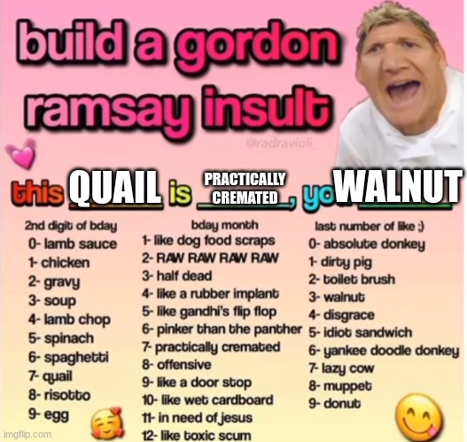 Gordon Ramsey insult | PRACTICALLY CREMATED; WALNUT; QUAIL | image tagged in gordon ramsey insult | made w/ Imgflip meme maker