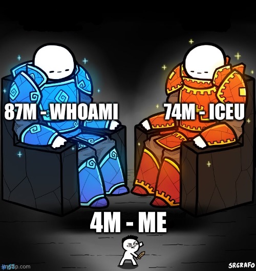 2 gods and a peasant | 87M - WHOAMI             74M - ICEU 4M - ME | image tagged in 2 gods and a peasant | made w/ Imgflip meme maker