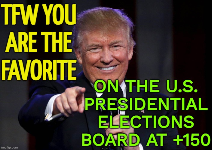 2024 Presidential Election Odds: Trump Favored to Win | TFW YOU ARE THE FAVORITE; ON THE U.S. PRESIDENTIAL ELECTIONS BOARD AT +150 | image tagged in trump laughing at haters,donald trump,trump,elections,us-president-joe-biden,joe biden | made w/ Imgflip meme maker