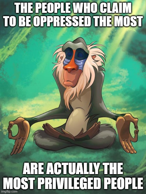 Rafiki wisdom | THE PEOPLE WHO CLAIM TO BE OPPRESSED THE MOST; ARE ACTUALLY THE MOST PRIVILEGED PEOPLE | image tagged in rafiki wisdom | made w/ Imgflip meme maker