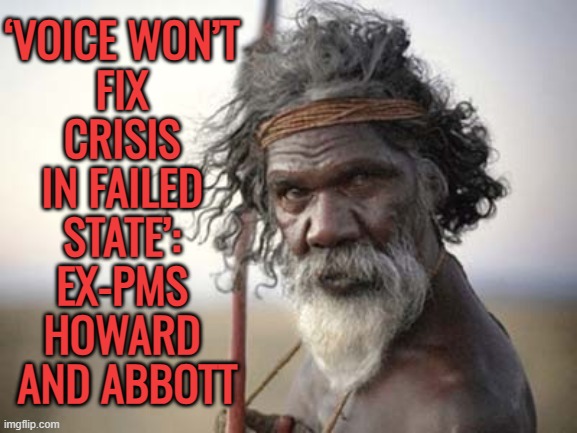 John Howard and Tony Abbott have declared the Northern Territory is a failed state | ‘VOICE WON’T 
FIX 
CRISIS 
IN FAILED 
STATE’: 
EX-PMS 
HOWARD 
AND ABBOTT | image tagged in skeptical aborigine,meanwhile in australia,australians,australia,voice,referendum | made w/ Imgflip meme maker