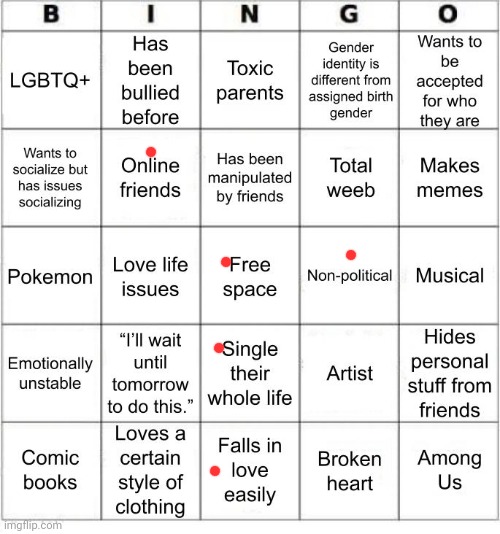 "Falls in love easily" yeah with shows or movies | image tagged in thesuitedgayweeb's bingo | made w/ Imgflip meme maker