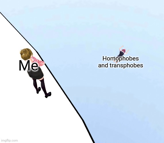 VRoid girl gets thrown off cliff | Homophobes and transphobes; Me | image tagged in vroid girl gets thrown off cliff | made w/ Imgflip meme maker