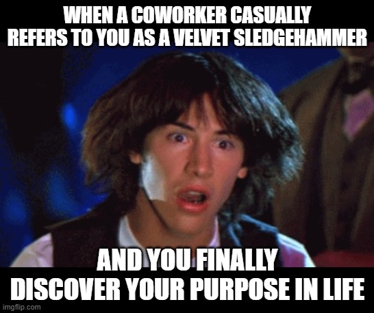 Velvet Sledgehammer | WHEN A COWORKER CASUALLY REFERS TO YOU AS A VELVET SLEDGEHAMMER; AND YOU FINALLY DISCOVER YOUR PURPOSE IN LIFE | image tagged in woah | made w/ Imgflip meme maker