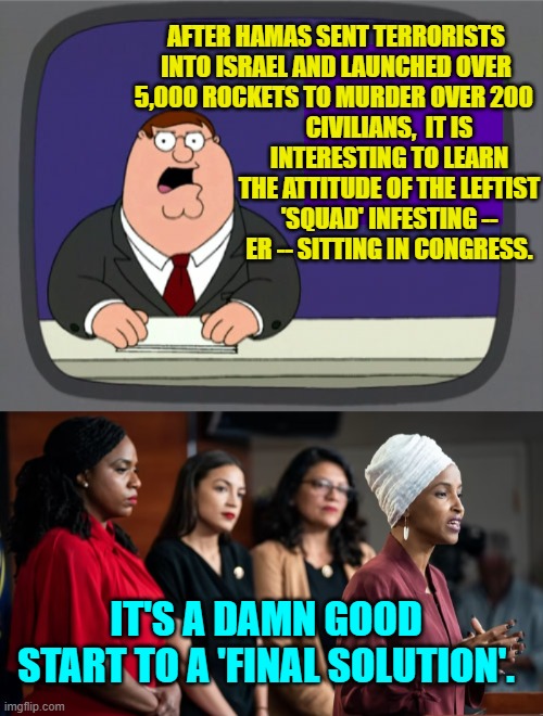 Yes, essentially this WAS their collective response.  But they don't hate Jews or anything. | AFTER HAMAS SENT TERRORISTS INTO ISRAEL AND LAUNCHED OVER 5,000 ROCKETS TO MURDER OVER 200; CIVILIANS,  IT IS INTERESTING TO LEARN THE ATTITUDE OF THE LEFTIST 'SQUAD' INFESTING -- ER -- SITTING IN CONGRESS. IT'S A DAMN GOOD START TO A 'FINAL SOLUTION'. | image tagged in peter griffin news | made w/ Imgflip meme maker