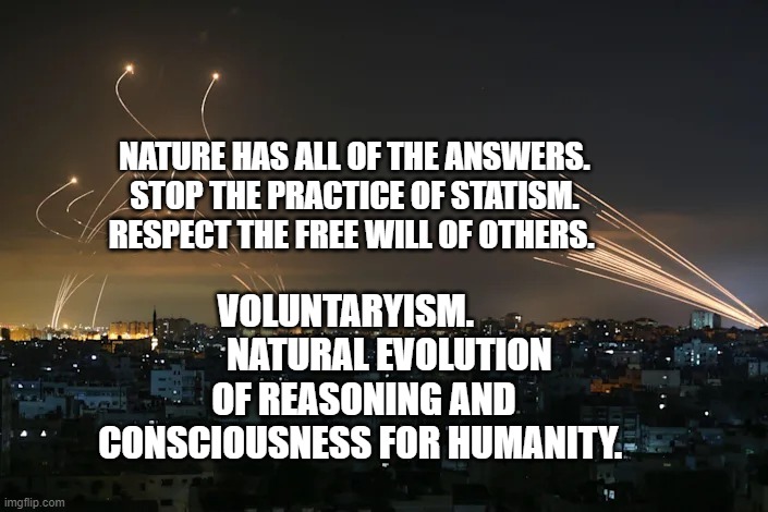 Gazan rockets vs. Iron Dome missiles | NATURE HAS ALL OF THE ANSWERS. STOP THE PRACTICE OF STATISM. RESPECT THE FREE WILL OF OTHERS. VOLUNTARYISM.             NATURAL EVOLUTION OF REASONING AND CONSCIOUSNESS FOR HUMANITY. | image tagged in gazan rockets vs iron dome missiles | made w/ Imgflip meme maker