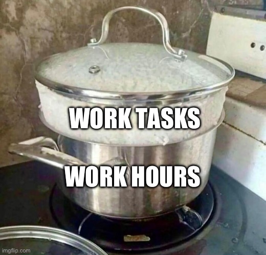 Workload Tasks Versus Work Hours | WORK TASKS; WORK HOURS | image tagged in rice,work,task failed successfully,work sucks,work life | made w/ Imgflip meme maker