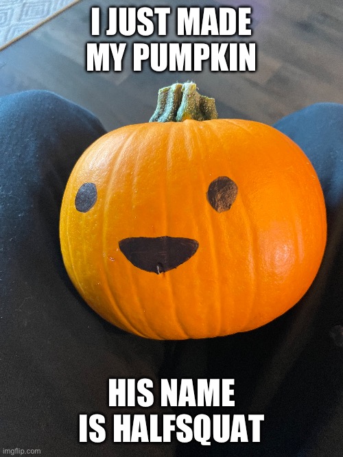 This is my son | I JUST MADE MY PUMPKIN; HIS NAME IS HALFSQUAT | image tagged in memes | made w/ Imgflip meme maker