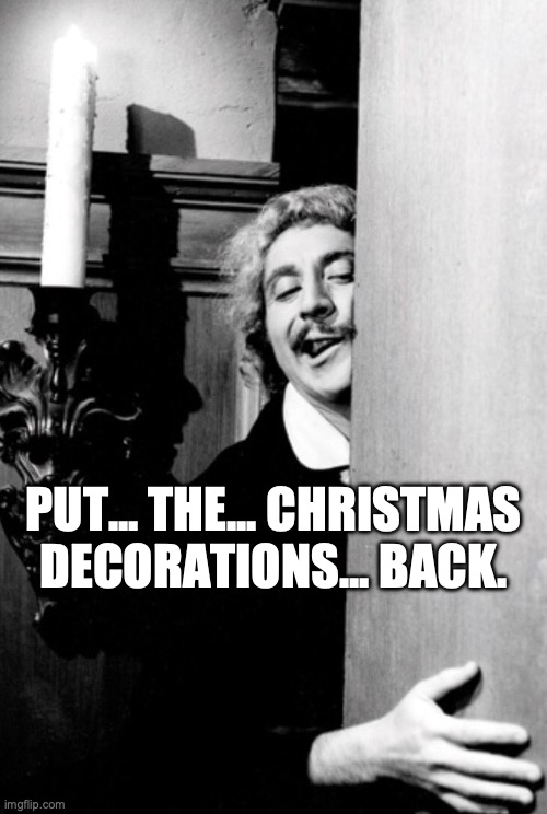 It's too early! | PUT... THE... CHRISTMAS DECORATIONS... BACK. | image tagged in christmas,christmas decorations | made w/ Imgflip meme maker
