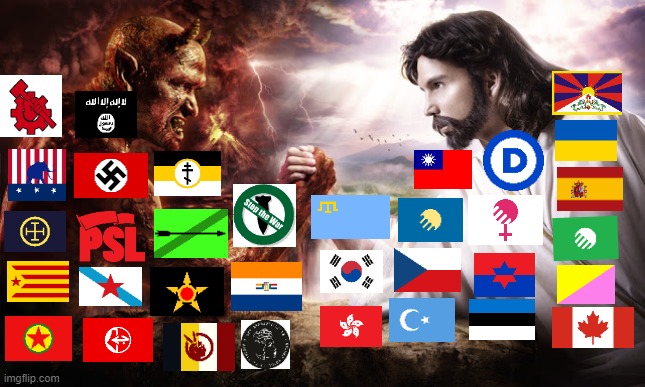If there was a war between the NATO and CTO against Z supporters. | image tagged in god vs satan,ukraine,hong kong,nazi,isis,world war 3 | made w/ Imgflip meme maker