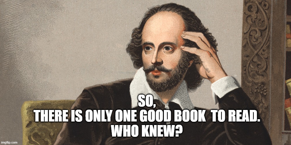 Hey Girl Shakespeare | SO,
THERE IS ONLY ONE GOOD BOOK  TO READ.
WHO KNEW? | image tagged in hey girl shakespeare | made w/ Imgflip meme maker