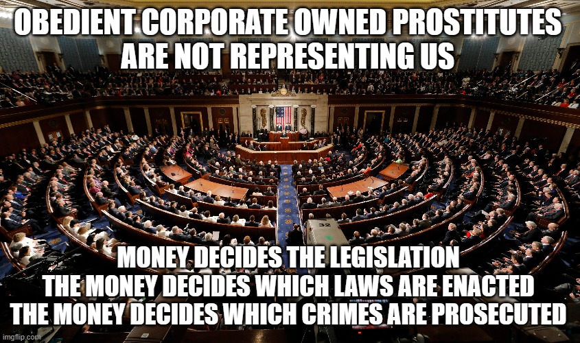 prostitutes | OBEDIENT CORPORATE OWNED PROSTITUTES 
ARE NOT REPRESENTING US; MONEY DECIDES THE LEGISLATION 
THE MONEY DECIDES WHICH LAWS ARE ENACTED 
THE MONEY DECIDES WHICH CRIMES ARE PROSECUTED | image tagged in congress | made w/ Imgflip meme maker