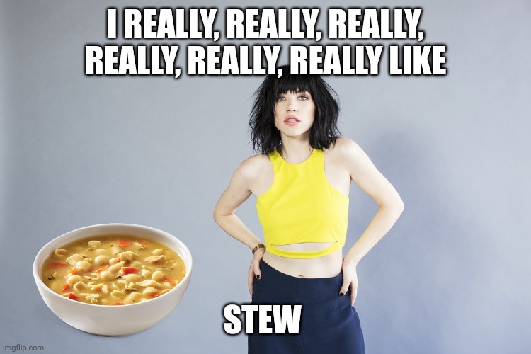 Soup's on | I REALLY, REALLY, REALLY, REALLY, REALLY, REALLY LIKE; STEW | image tagged in carly rae jepsen | made w/ Imgflip meme maker