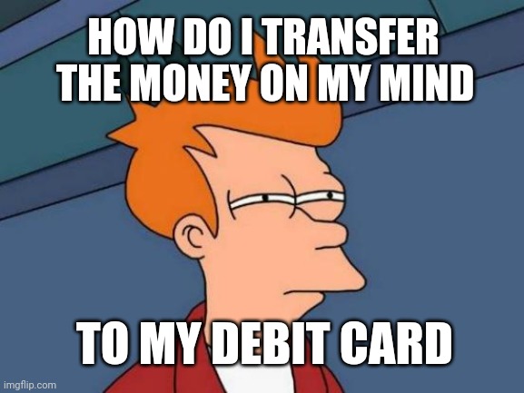 Futurama fry | THE MONEY ON MY MIND; HOW DO I TRANSFER; TO MY DEBIT CARD | image tagged in memes,futurama fry | made w/ Imgflip meme maker