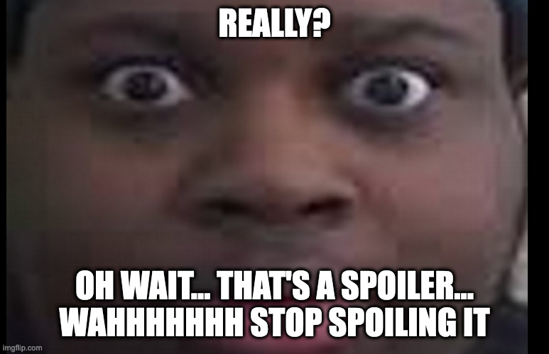 edp stare | REALLY? OH WAIT... THAT'S A SPOILER... WAHHHHHHH STOP SPOILING IT | image tagged in edp stare | made w/ Imgflip meme maker