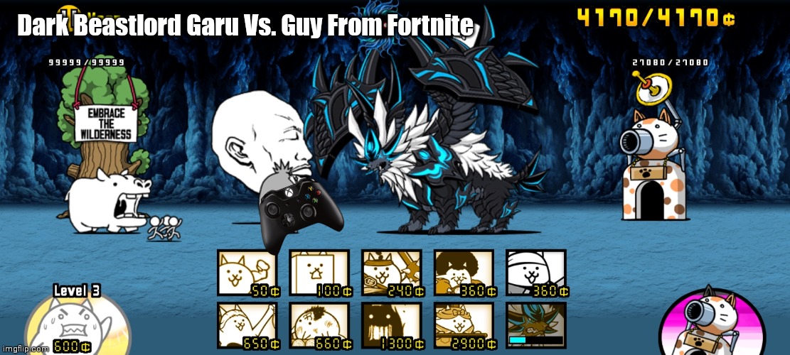 D-B-G Vs. Guy From Fortnite | Dark Beastlord Garu Vs. Guy From Fortnite | image tagged in fortnite,the battle cats,funny,xbox,funny memes | made w/ Imgflip meme maker