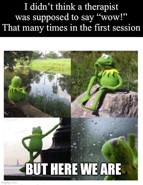Wow! | I didn’t think a therapist was supposed to say “wow!” That many times in the first session; BUT HERE WE ARE | image tagged in kermit ptsd,therapy,therapist | made w/ Imgflip meme maker