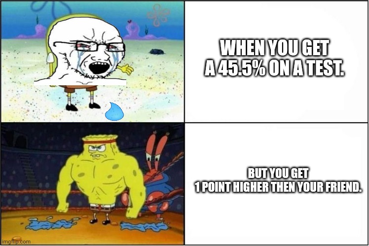 This happened to me. | WHEN YOU GET A 45.5% ON A TEST. BUT YOU GET 1 POINT HIGHER THEN YOUR FRIEND. | image tagged in true,funny | made w/ Imgflip meme maker