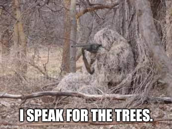 Ghillie suit | I SPEAK FOR THE TREES. | image tagged in ghillie suit | made w/ Imgflip meme maker