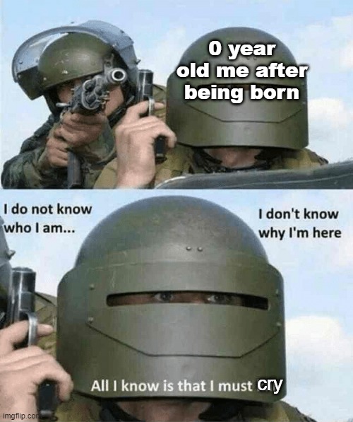 yes sir im back | 0 year old me after being born; cry | image tagged in i don't know who i am | made w/ Imgflip meme maker