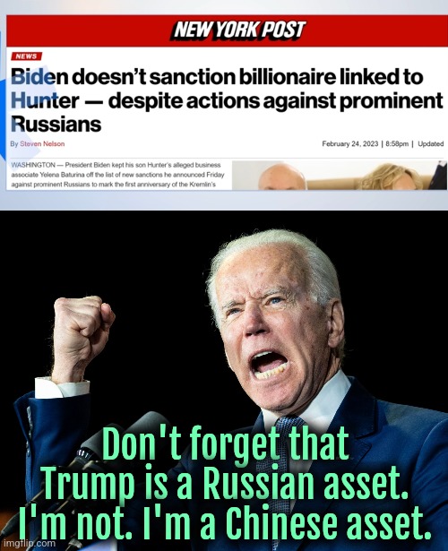 Joe ain't Russian hoe. | Don't forget that Trump is a Russian asset. I'm not. I'm a Chinese asset. | image tagged in joe biden's fist,china,russia,joe biden,america,trump | made w/ Imgflip meme maker